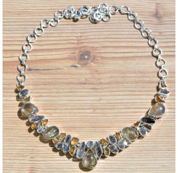 Collier plastron argent avec 36 pierres en QUARTZ RUTILE TOURMALINE et CITRINE (brun) (jaune)