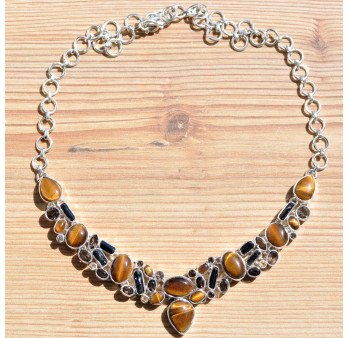 Collier plastron argent avec 44 pierres en OEIL DE TIGRE tourmaline noire quartz fumé et citrine (brun) (jaune)