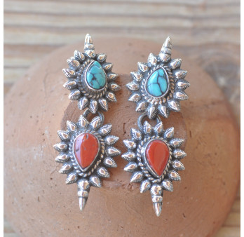 Boucles d'oreilles clous argent  pierres en corail et turquoise (rouge) (bleu)