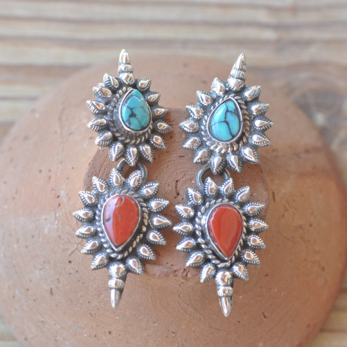 Boucles d'oreilles clous argent  pierres en corail et turquoise (rouge) (bleu)