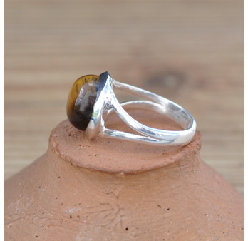 Petite bague en argent et pierre Oeil de tigre ronde T52