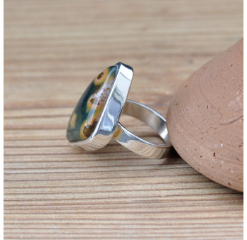 Bague dissymétrique en argent et pierre Jaspe orbiculaire T52