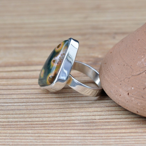Bague dissymétrique en argent et pierre Jaspe orbiculaire T52