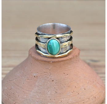 Anneau large en argent et 3 anneaux dorés avec pierre Malachite T55