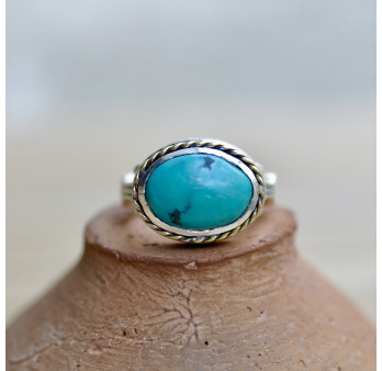 Bague argent ciselé et laiton doré en pierre Turquoise T55