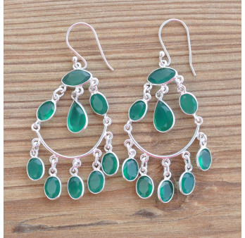 Boucles d'oreilles bohême en argent et 9 pierres Agate (vert)