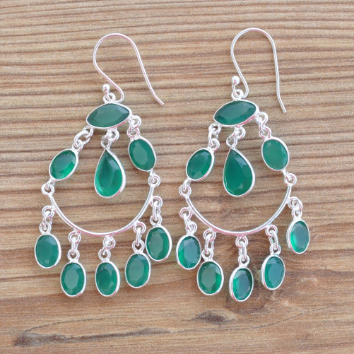 Boucles d'oreilles bohême en argent et 9 pierres Agate (vert)