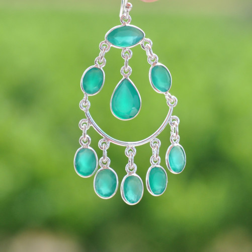 Boucles d'oreilles bohême en argent et 9 pierres Agate (vert)