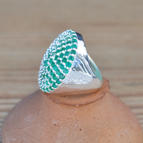 Grosse bague ronde petites pierres naturelles Agate verte et argent (vert) T57
