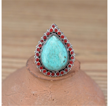Belle bague goutte en pierre Turquoise sertie d'argent T55