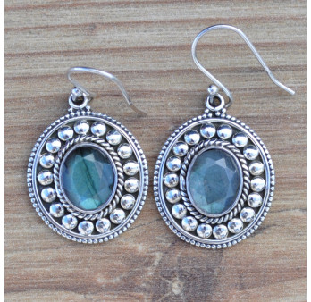 NEW ! Boucles oreilles argent ciselé pierre Labradorite facettée ovale