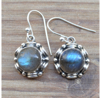 Boucles d'oreilles rondes en argent travaillé et pierre Labradorite (vert) (bleu)