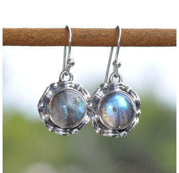 Boucles d'oreilles rondes en argent travaillé et pierre Labradorite (vert) (bleu)