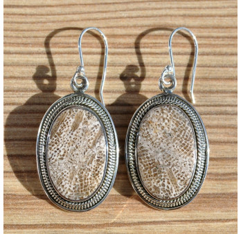 Boucles d'oreilles argent ovales en Corail fossilisé