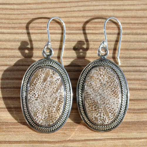 Boucles d'oreilles argent ovales en Corail fossilisé