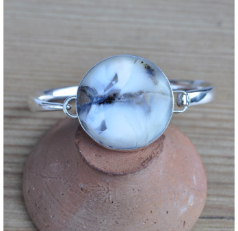 Bracelet jonc en argent et pierre en AGATE DENDRITE (blanc)