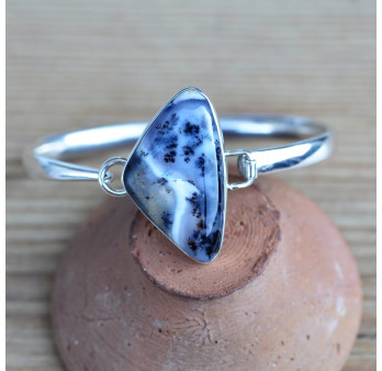 Bracelet jonc en argent et pierre en AGATE DENDRITE (blanc)