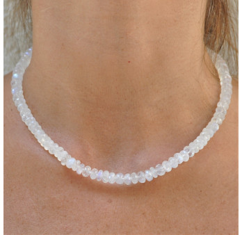 Gros collier pierres roues facettées en PIERRE DE LUNE arc-en-ciel (blanc)