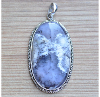 Gros pendentif ovale pierre naturelle Agate dendrite et argent tressé (blanc)