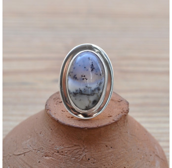 Bague en pierre Agate dendrite ovale et monture plate en argent (blanc)