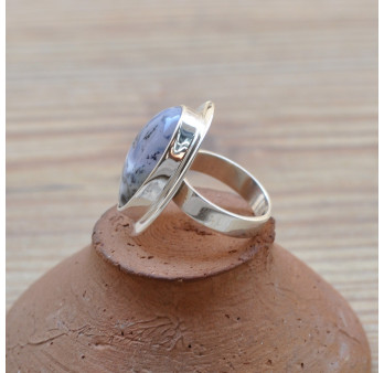 Bague en pierre Agate dendrite ovale et monture plate en argent (blanc) T49