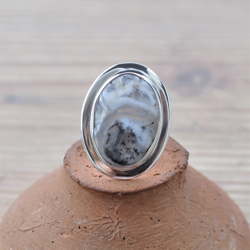 Bague en pierre Agate dendrite ovale et monture plate en argent (blanc) T52 Bague en pierre Agate dendrite ovale et monture plate en argent (blanc) T52