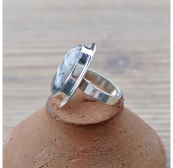 Bague en pierre Agate dendrite ovale et monture plate en argent (blanc) T52