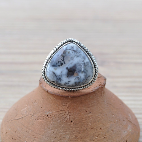 Grosse bague goutte argent tressé et pierre Agate dendrite (blanc)