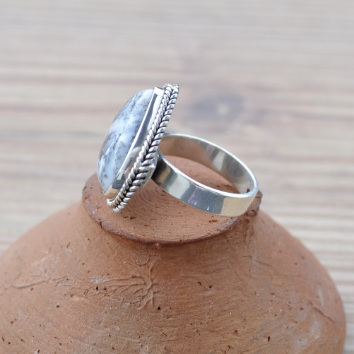 Grosse bague goutte argent tressé et pierre Agate dendrite (blanc) T54