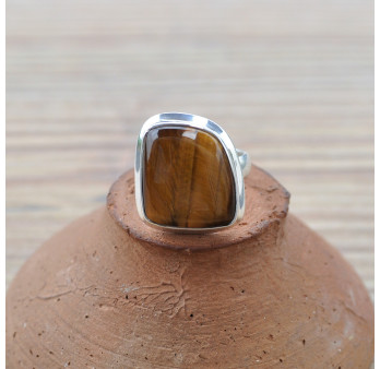 Bague asymétrique en Oeil de tigre et argent 925 T52