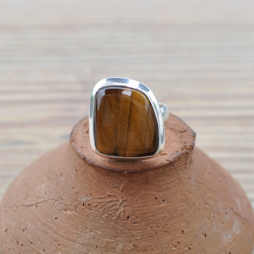 Bague asymétrique en Oeil de tigre et argent 925 T52