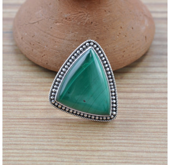Grosse bague triangle en pierre Malachite et argent ciselé T56