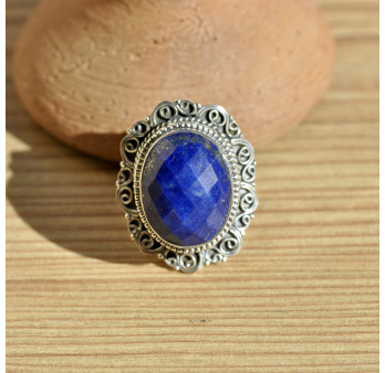 Magnifique bague massive argent ciselé avec pierre en lapis lazuli T55