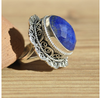 Magnifique bague massive argent ciselé avec pierre en lapis lazuli T54