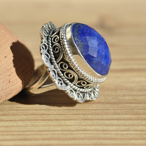 Magnifique bague massive argent ciselé avec pierre en lapis lazuli T54