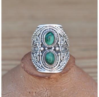 Chevalière argent ciselé et 2 pierres Malachite (vert)