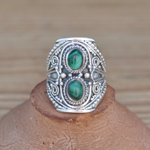 Chevalière argent ciselé et 2 pierres Malachite (vert)
