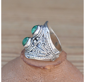 Chevalière argent ciselé et 2 pierres Malachite (vert) T54