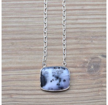 Collier chaîne argent et pendentif rectangulaire en AGATE DENDRITE (blanc)