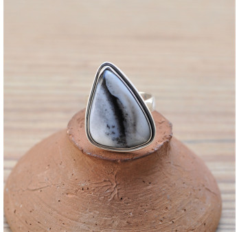 Bague asymétrique en pierre naturelle Agate dendrite et argent (blanc)