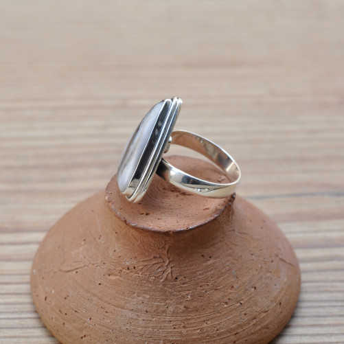 Bague asymétrique en pierre naturelle Agate dendrite et argent (blanc) T56 réglable