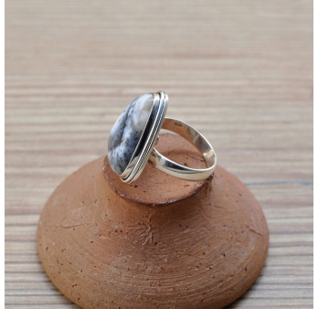Bague triangulaire en pierre naturelle Agate dendrite et argent (blanc) T56