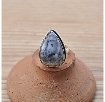 Bague goutte en pierre naturelle Agate dendrite et argent (blanc)