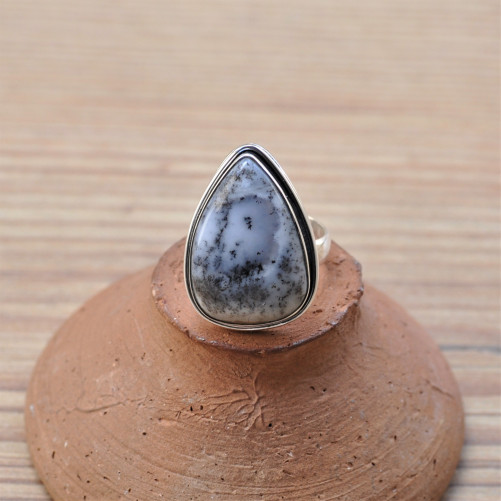 Bague goutte en pierre naturelle Agate dendrite et argent (blanc)
