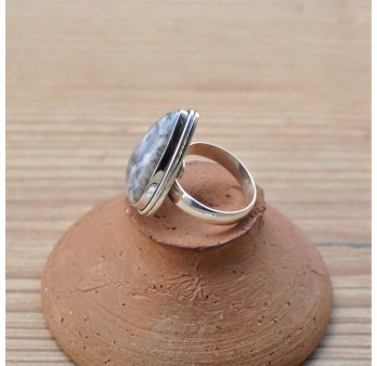 Bague goutte en pierre naturelle Agate dendrite et argent (blanc) T54