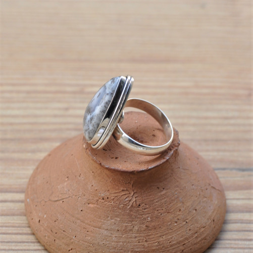 Bague goutte en pierre naturelle Agate dendrite et argent (blanc) T54