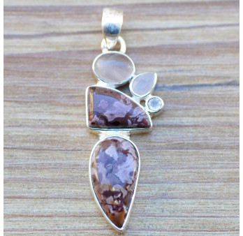 Pendentif argent 5 pierres en BAUXITE et quartz rose