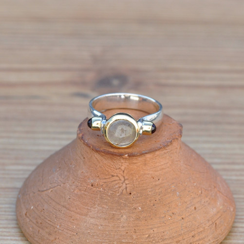 Bague fine en argent et argent doré pierre ronde Quartz rutile (brun)