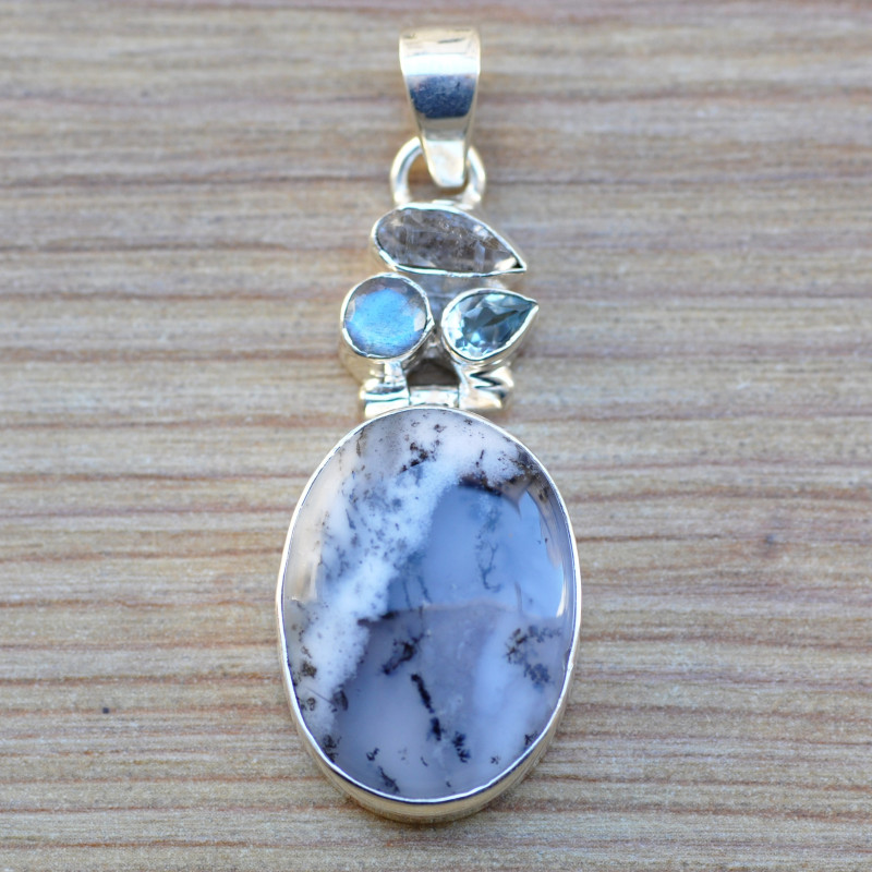 Pendentif en argent 4 pierres en agate dendrite topaze bleue labradorite et cristal de roche (blanc) (bleu)