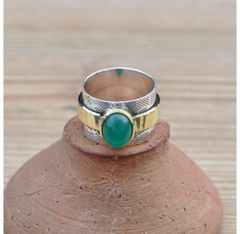 Anneau large strié en argent et pierre ovale Agate verte (vert)